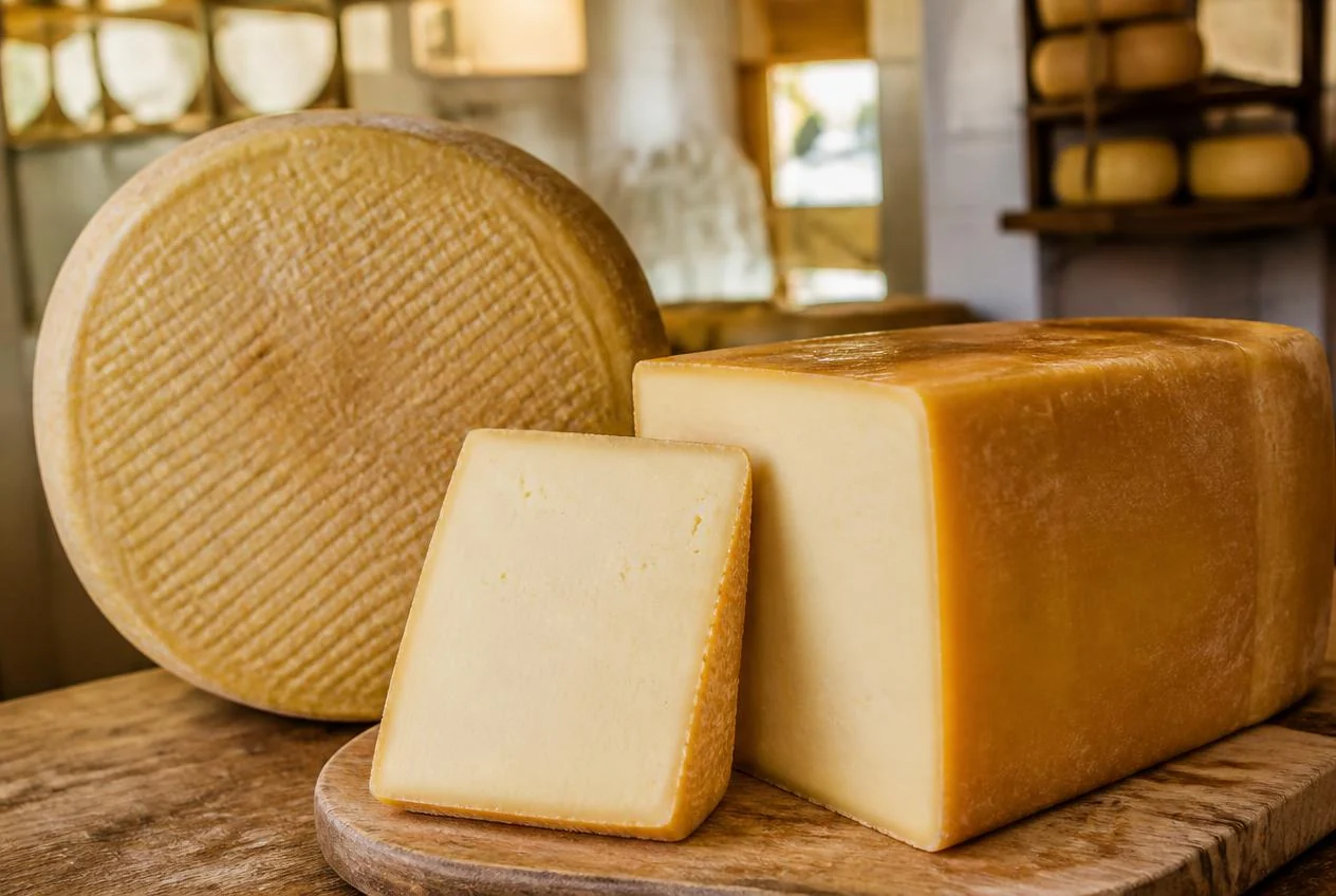 Formaggio Ragusano DOP a forma di parallelepipedo appeso con corde in cantina