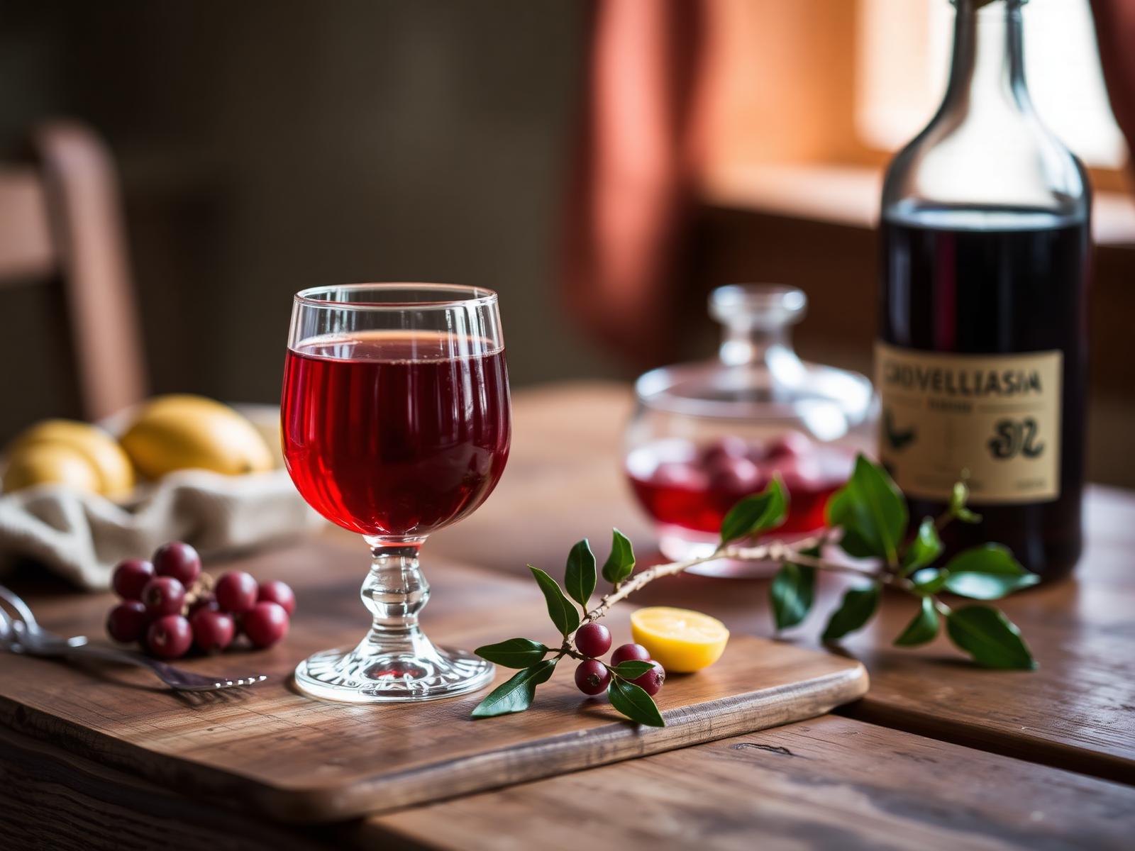 Ratafia abruzzese rossa in bicchiere con amarene fresche e bottiglia