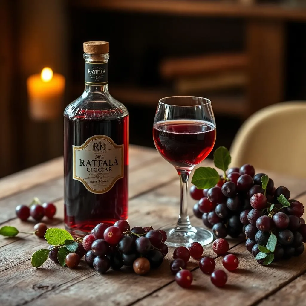 Ratafià Ciociara rosso rubino in caraffa con bicchierino e visciole