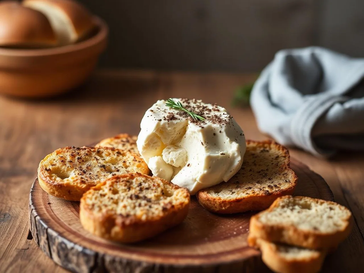 Ricotta forte pugliese cremosa color avorio con crostini di pane e pepe nero