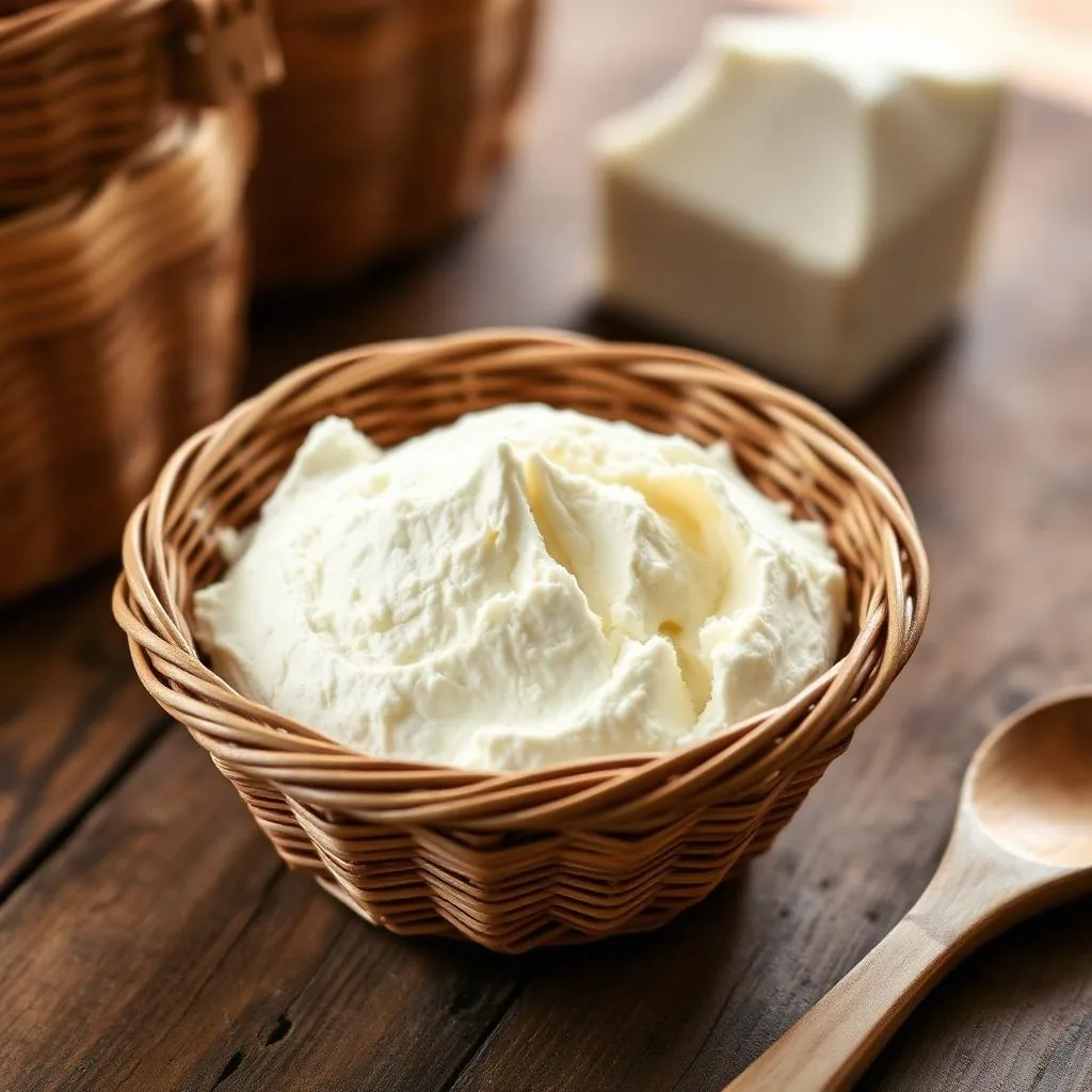 Ricotta Romana DOP a forma di tronco di cono su foglia di fico con cucchiaio di legno