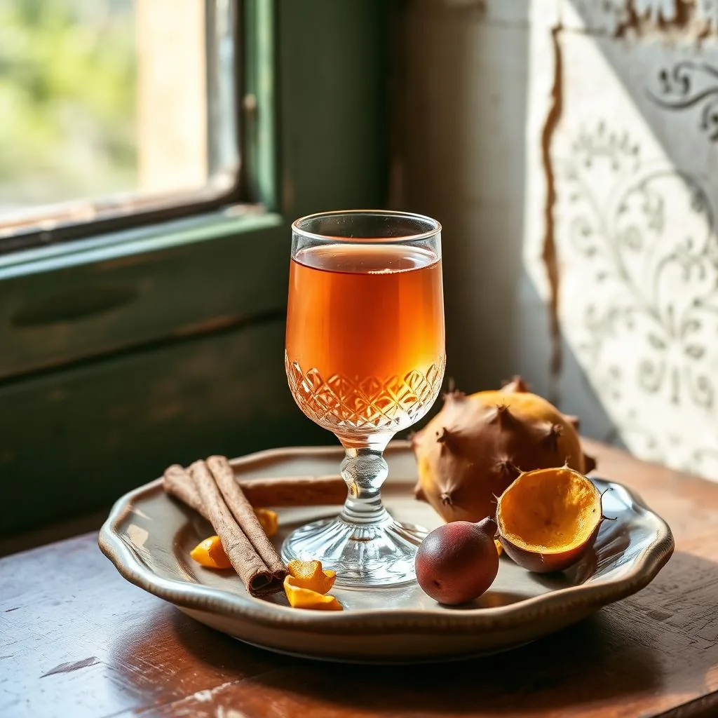 Bicchierino di rosolio siciliano dorato con petali di rosa, cannella e agrumi