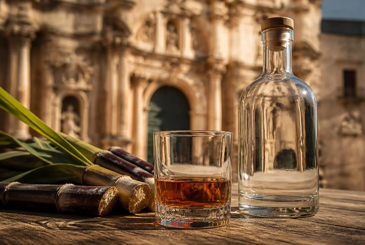 Bicchiere di Rum di Avola ambrato con canna da zucchero e architettura barocca sullo sfondo