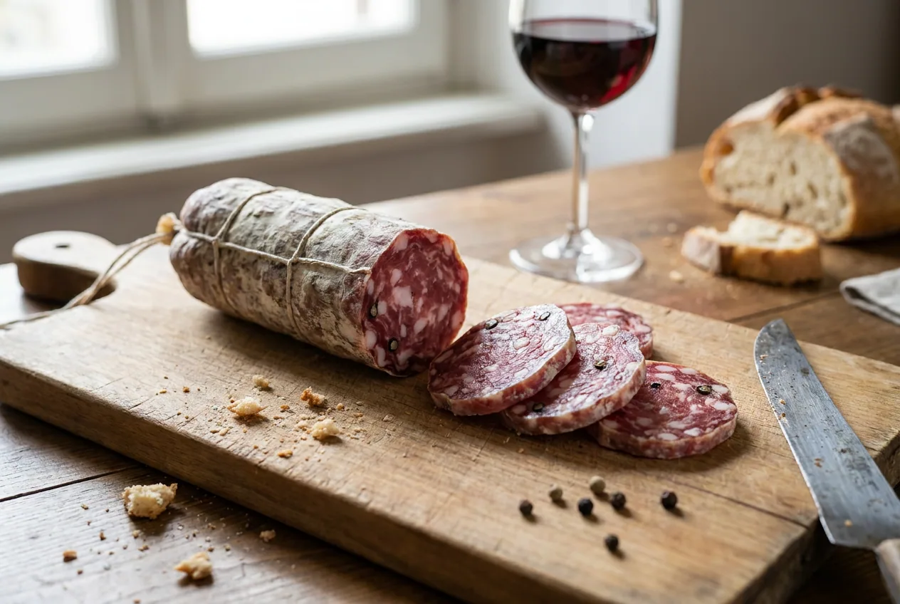 Salame Brianza DOP affettato, con impasto compatto a grana medio-fine