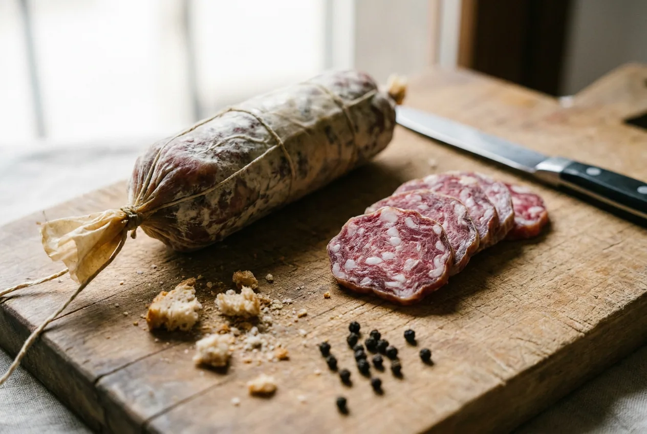 Salame d'Oca di Mortara IGP affettato su un piatto da portata