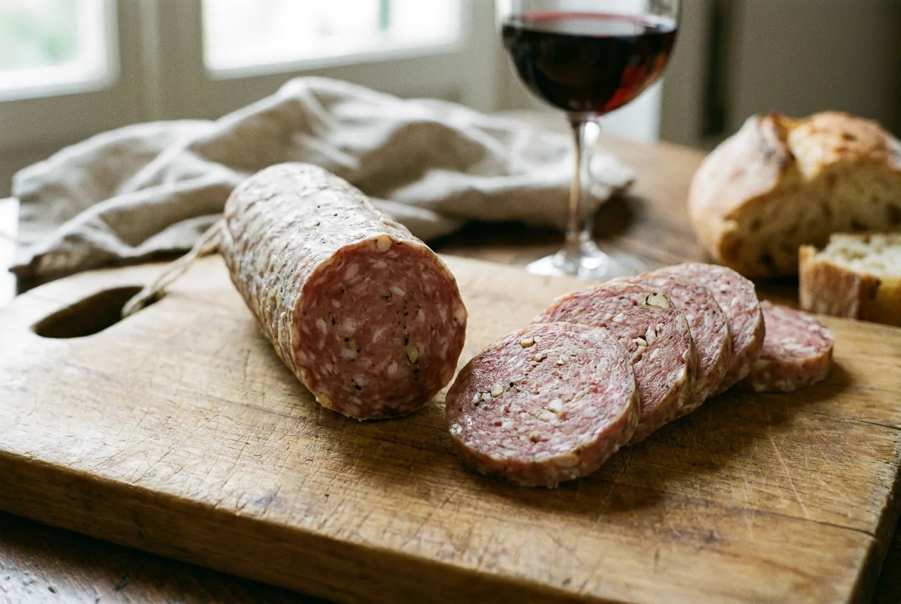 Salame di Sant'Olcese affettato, salume a grana fine dell'entroterra genovese