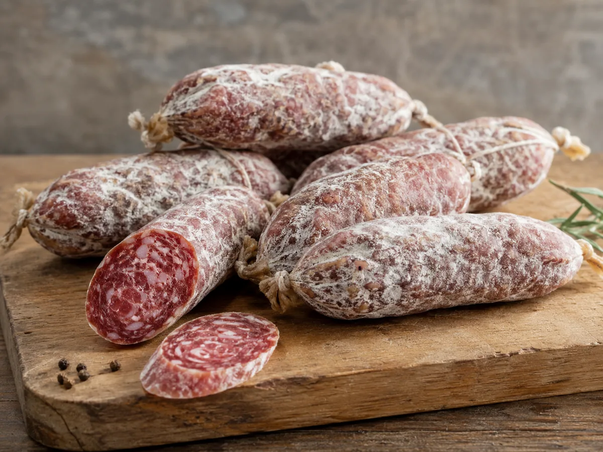 Salamini Italiani alla Cacciatora DOP interi e affettati su tagliere