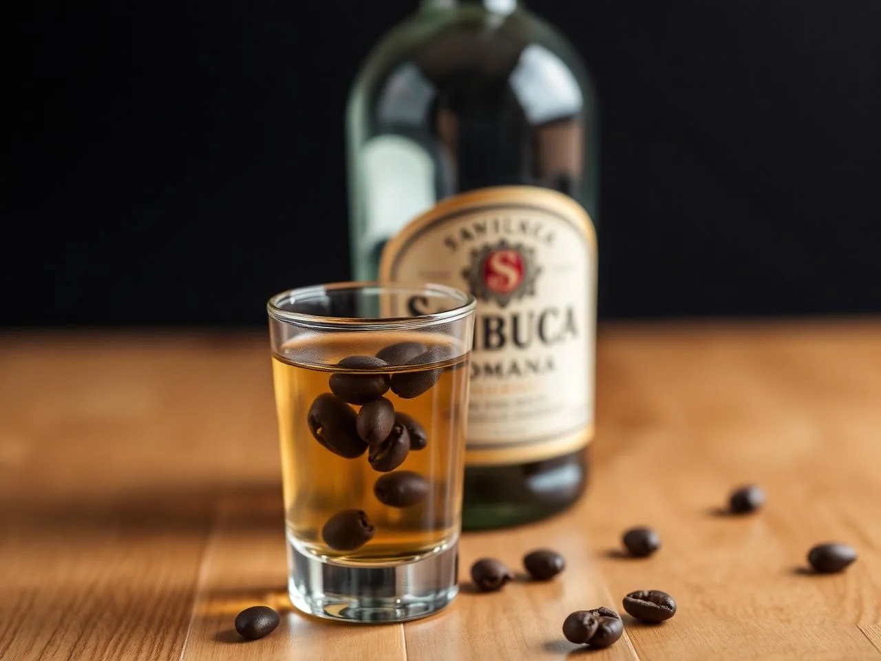 Sambuca Romana servita con tre chicchi di caffè galleggianti