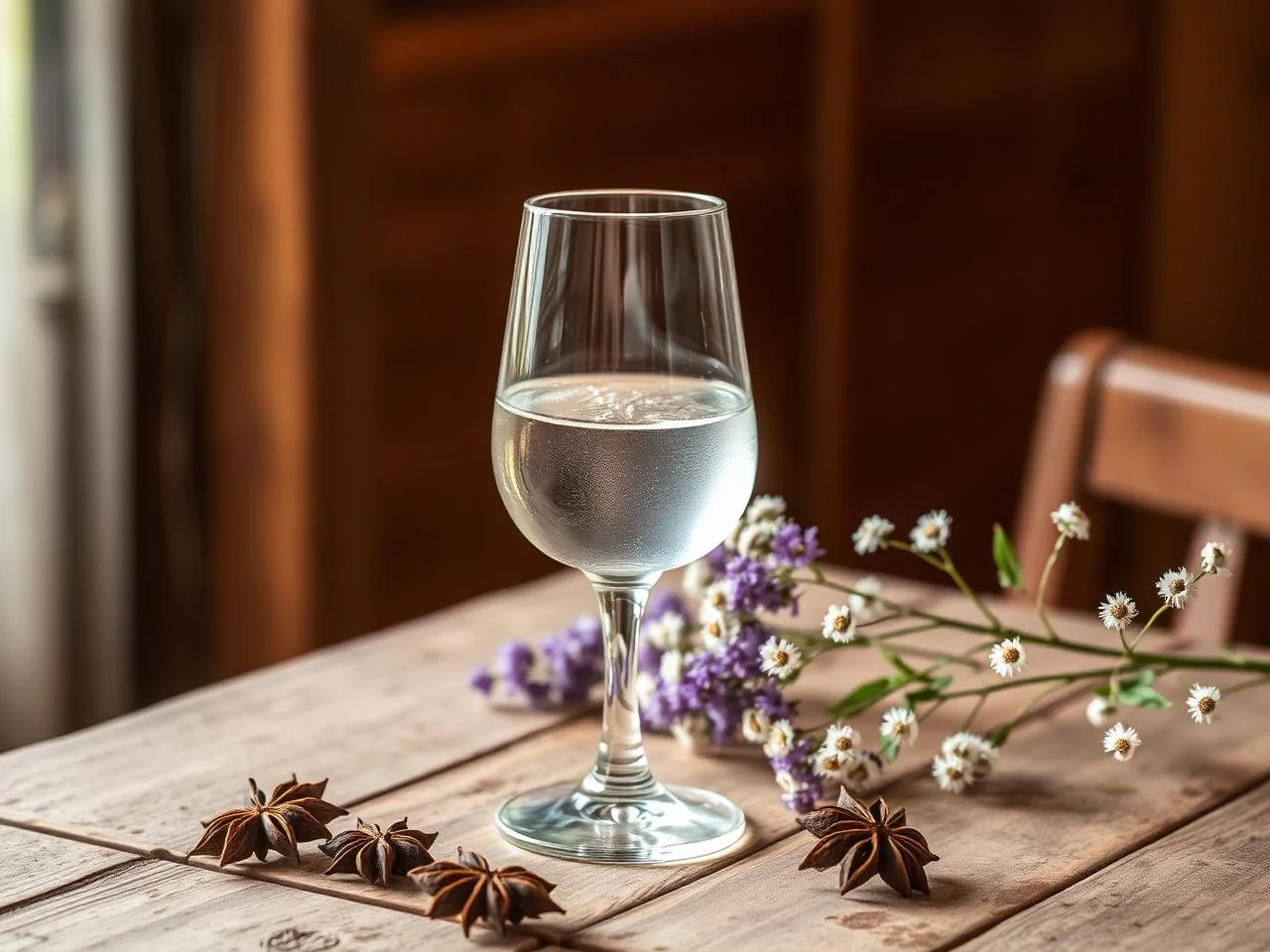 Bottiglia di Sambuca viterbese con calice e fiori di sambuco