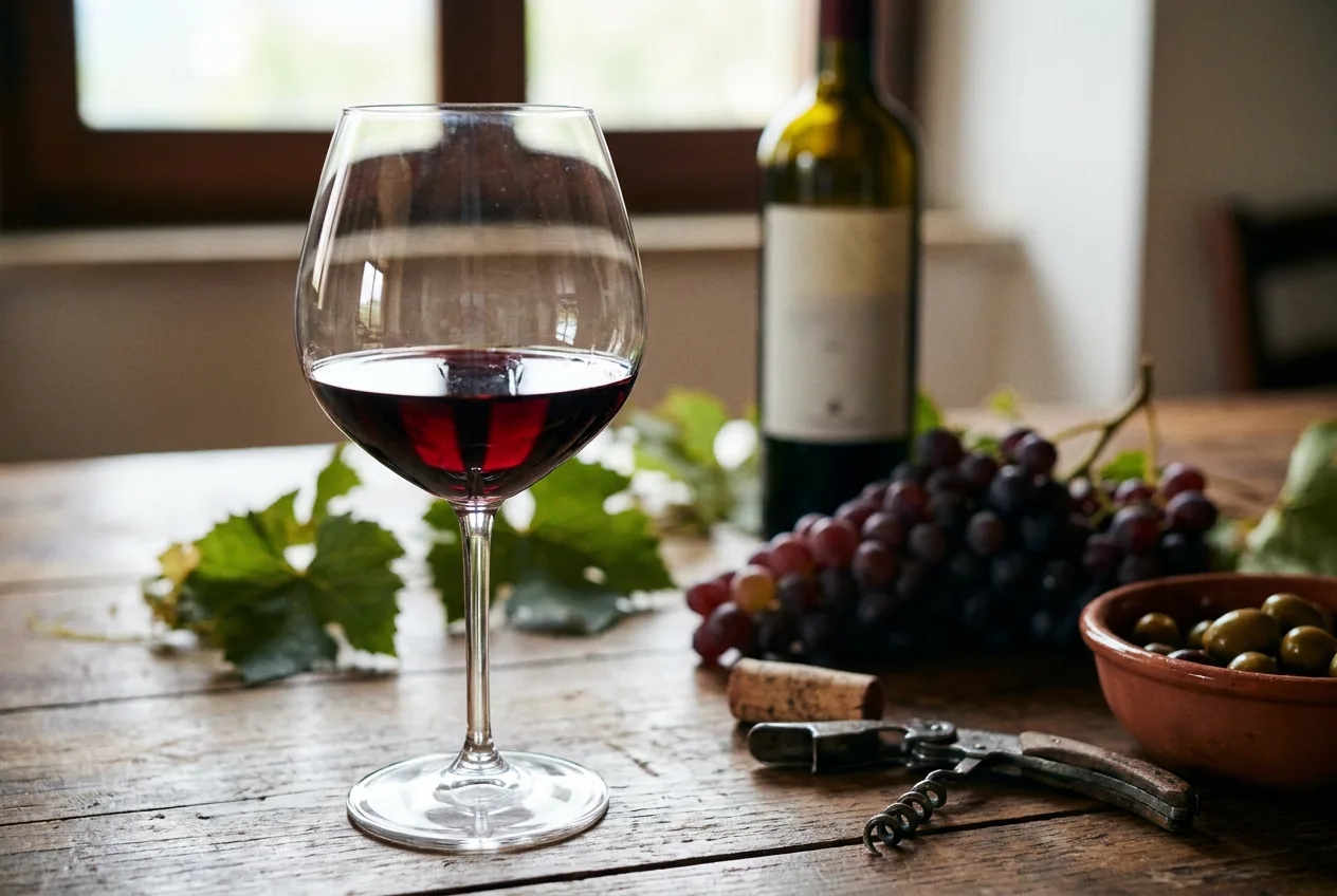Calice di vino rosso Savuto DOC con vigneto sullo sfondo
