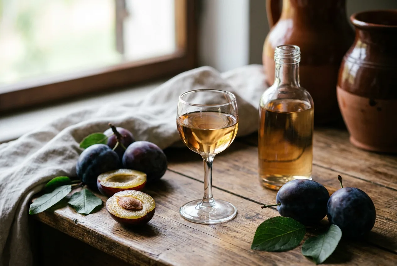 Bicchierino di distillato di prugne slivovitz con prugne mature accanto