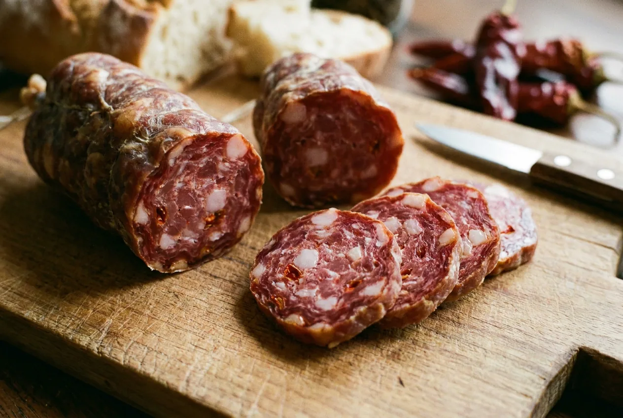 Fette di soppressata di Rivello dal colore rosso vivo su un tagliere di legno