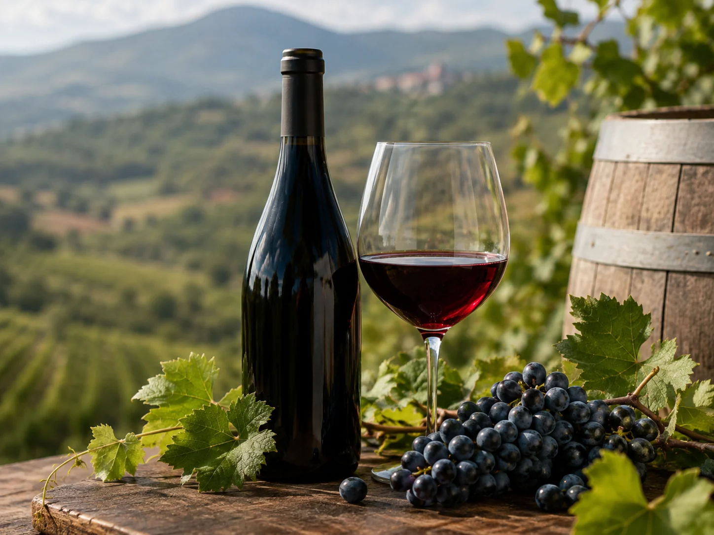 Bicchiere di vino rosso Taurasi DOCG davanti a colline vitate dell'Irpinia