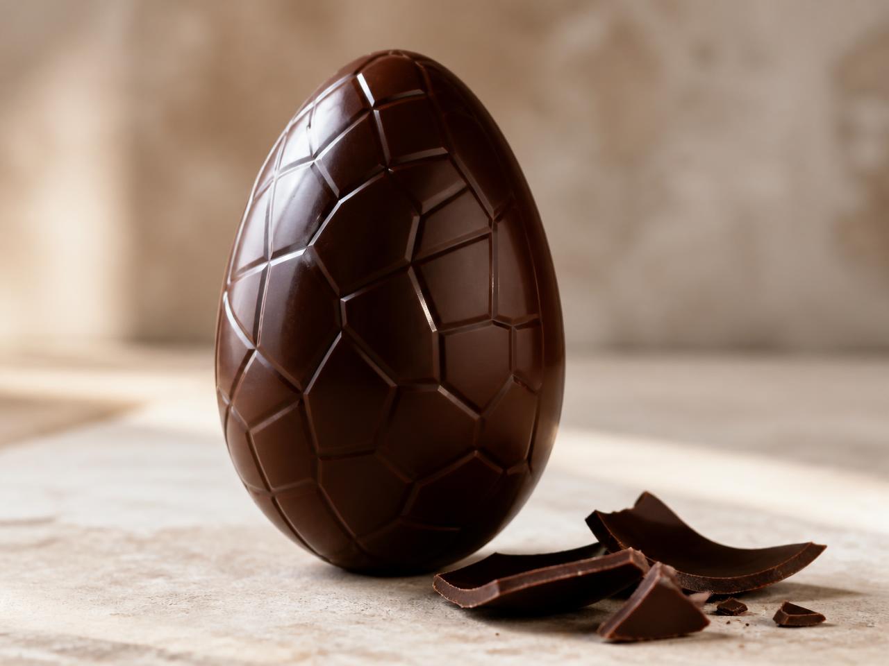 Uovo di Pasqua di cioccolato fondente lucido appoggiato su un piano chiaro