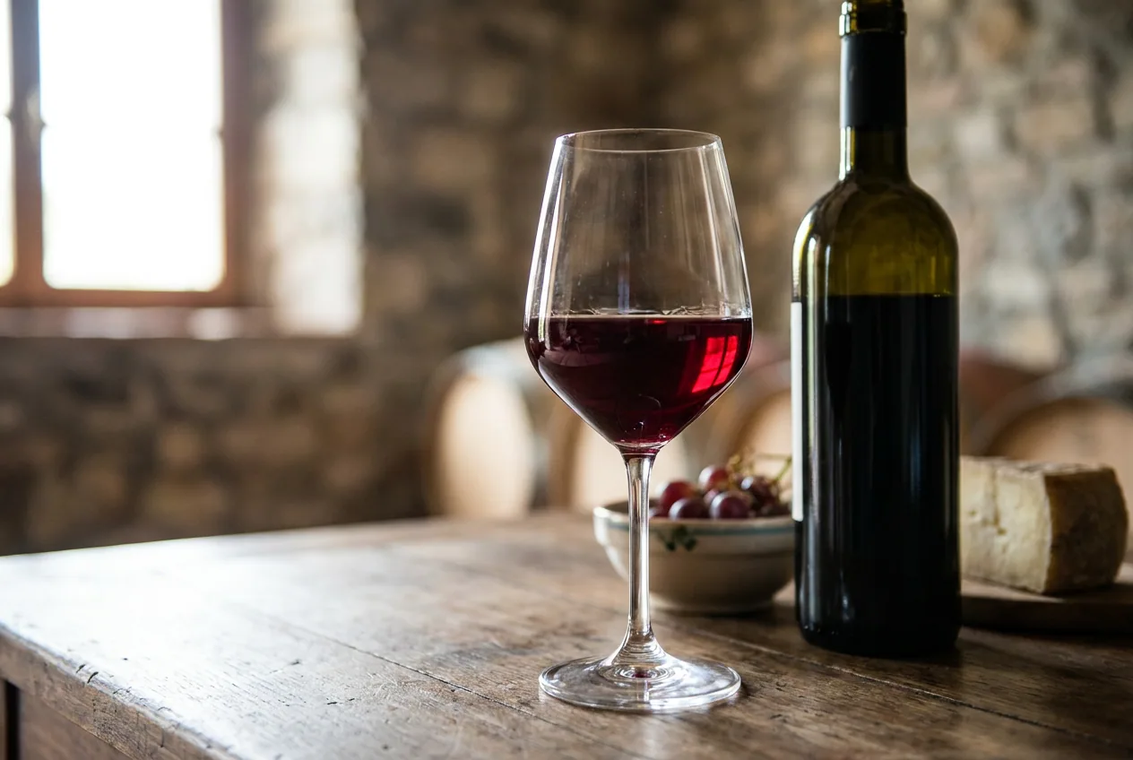Calici di vino Valcalepio DOC con colline bergamasche sullo sfondo