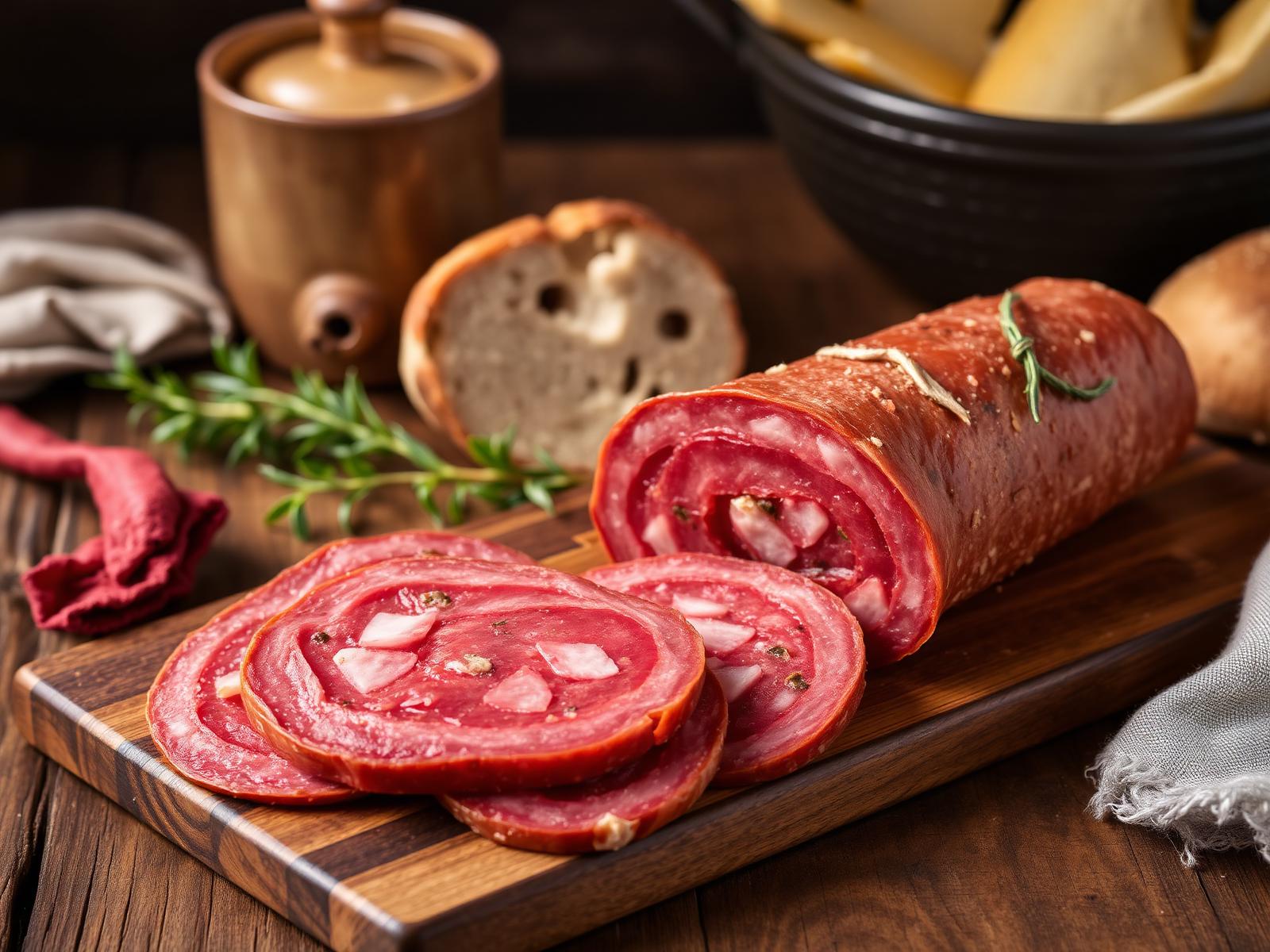 Ventricina del Vastese sferica intera e affettata con macinature rosse su tagliere di legno
