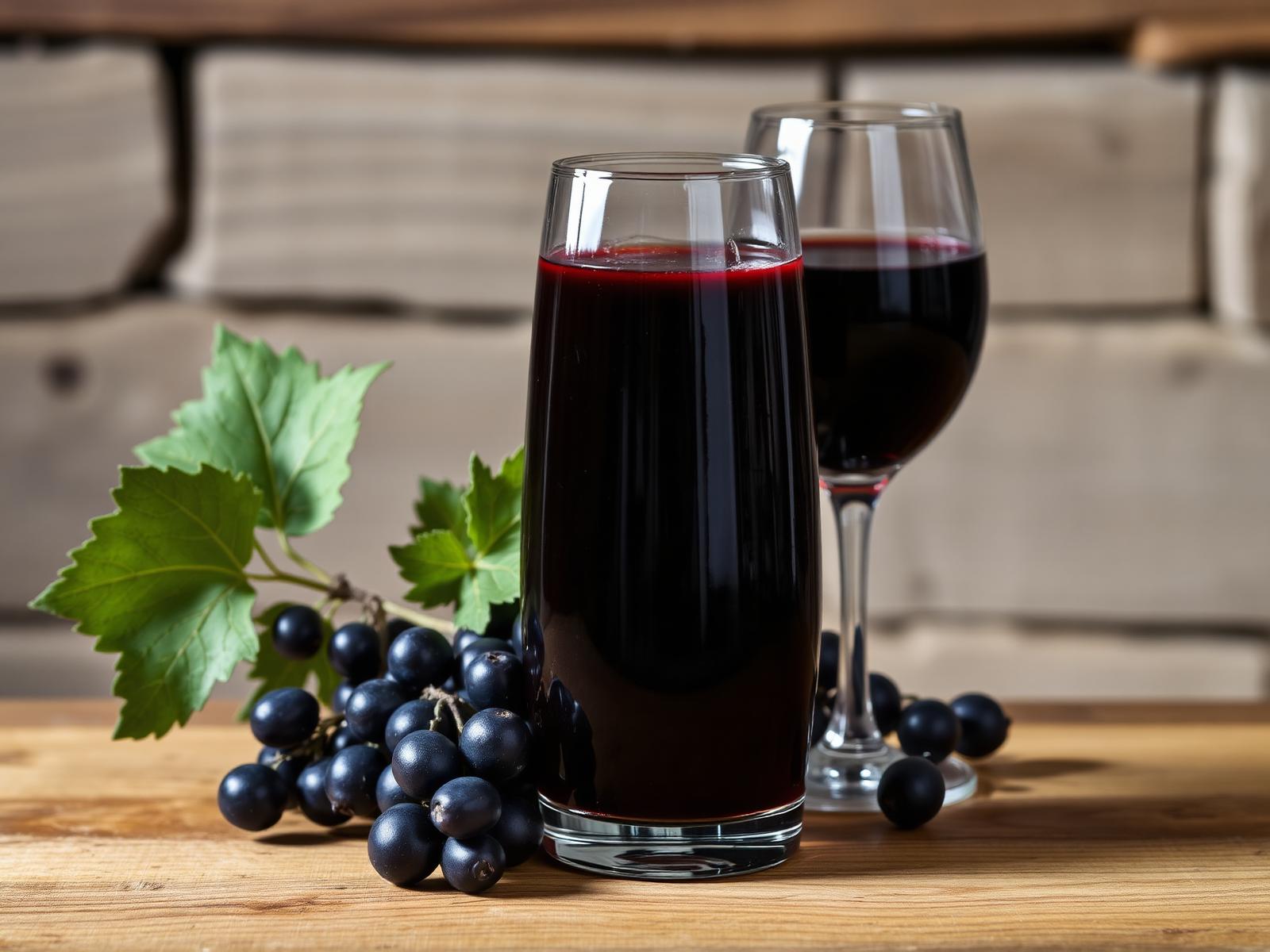 Vino cotto d'Abruzzo denso color mogano in bicchiere con grappoli d'uva scura