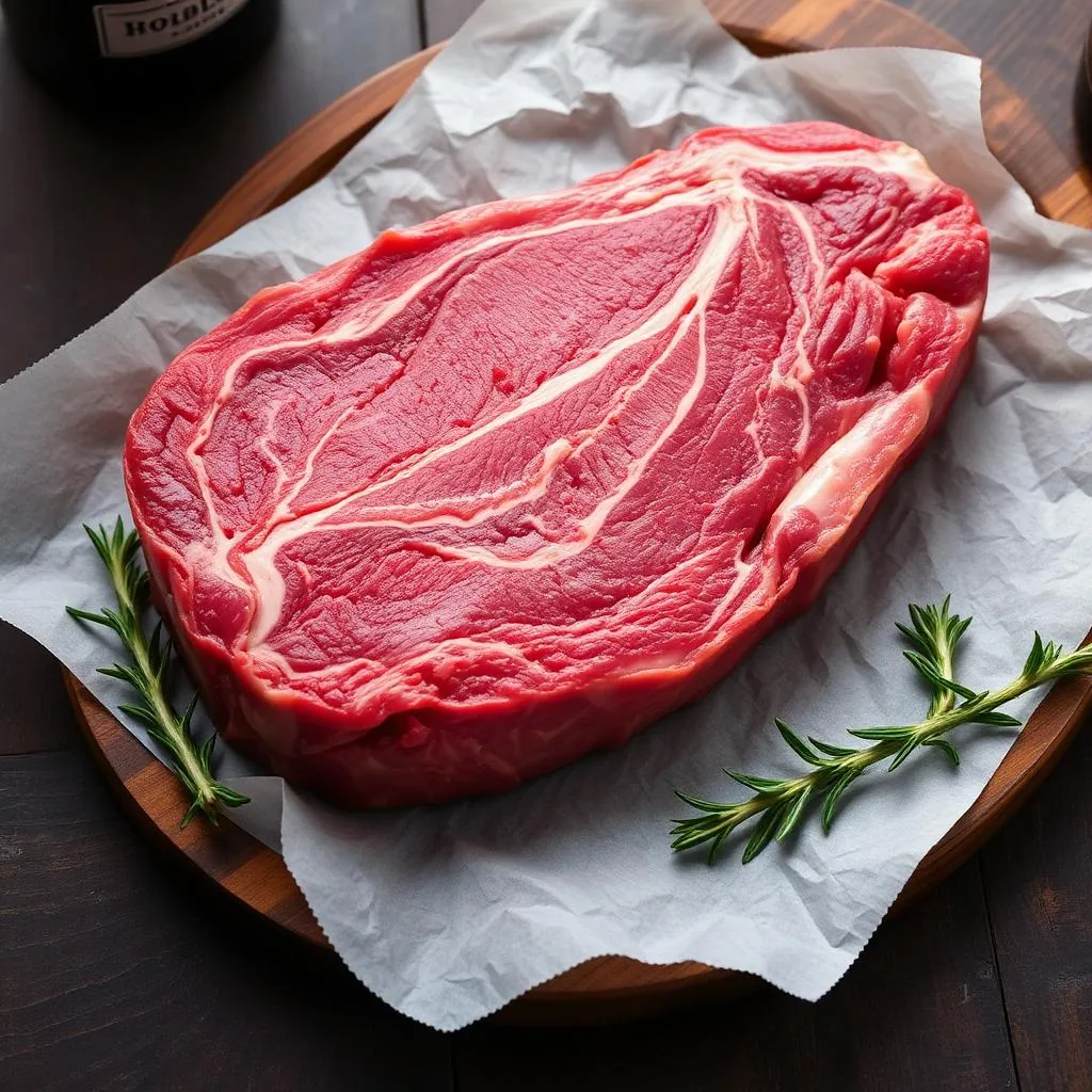 Bistecca cruda di Vitellone Bianco dell'Appennino Centrale IGP con marezzatura su carta da macellaio e rosmarino