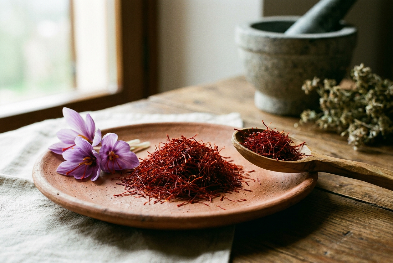 Pistilli rossi di Zafferano dell'Aquila DOP con fiori di Crocus sativus viola