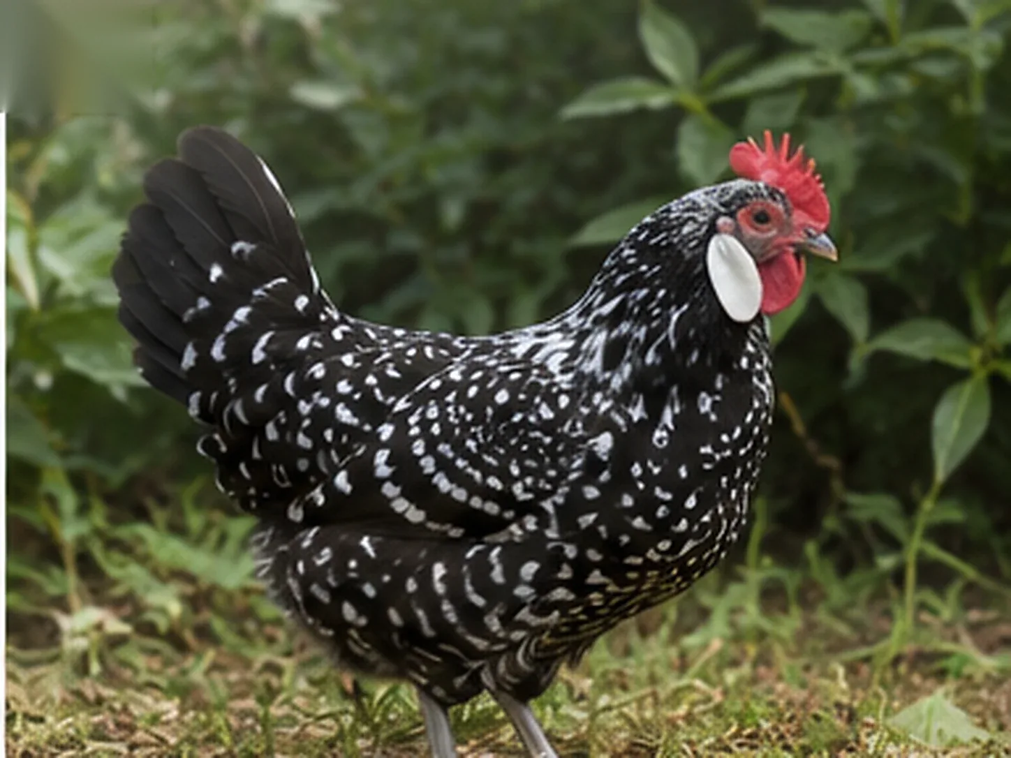 Gallina di razza Ancona dal piumaggio nero picchiettato di bianco in un'aia marchigiana