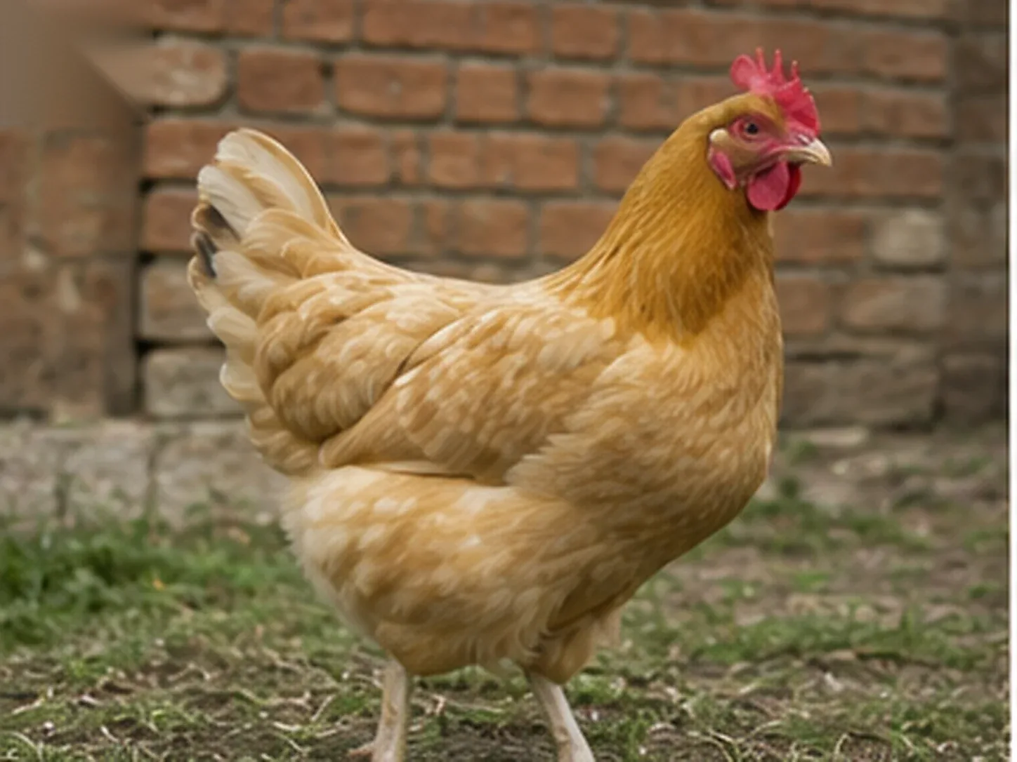 Gallina di razza Bionda Piemontese dal piumaggio fulvo in un'aia di cascina piemontese