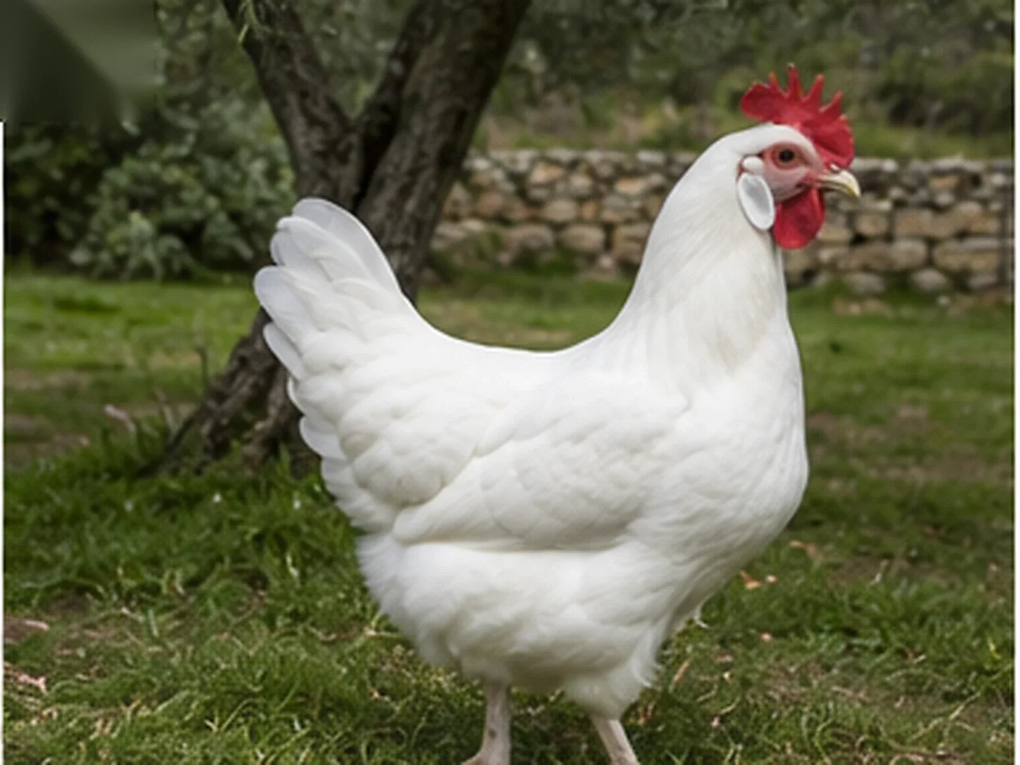 Gallina di razza Livornese bianca con grande cresta in un'aia toscana