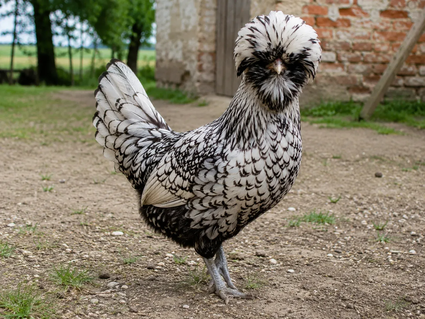 Gallina di razza Padovana con grande ciuffo di piume in un'aia della campagna veneta