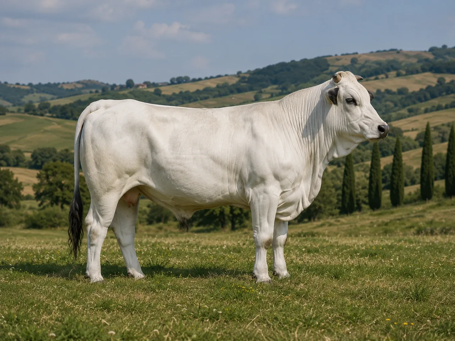 Bovino di razza Chianina dal mantello bianco porcellana al pascolo in Val di Chiana