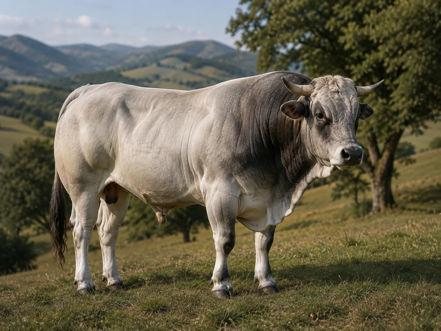 Bovina di razza Marchigiana dal mantello grigio chiaro al pascolo su collina appenninica