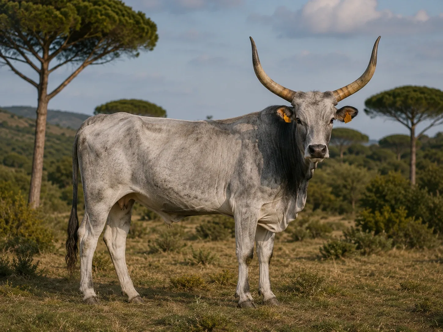 Bovino di razza Maremmana dalle grandi corna a lira al pascolo brado in Maremma