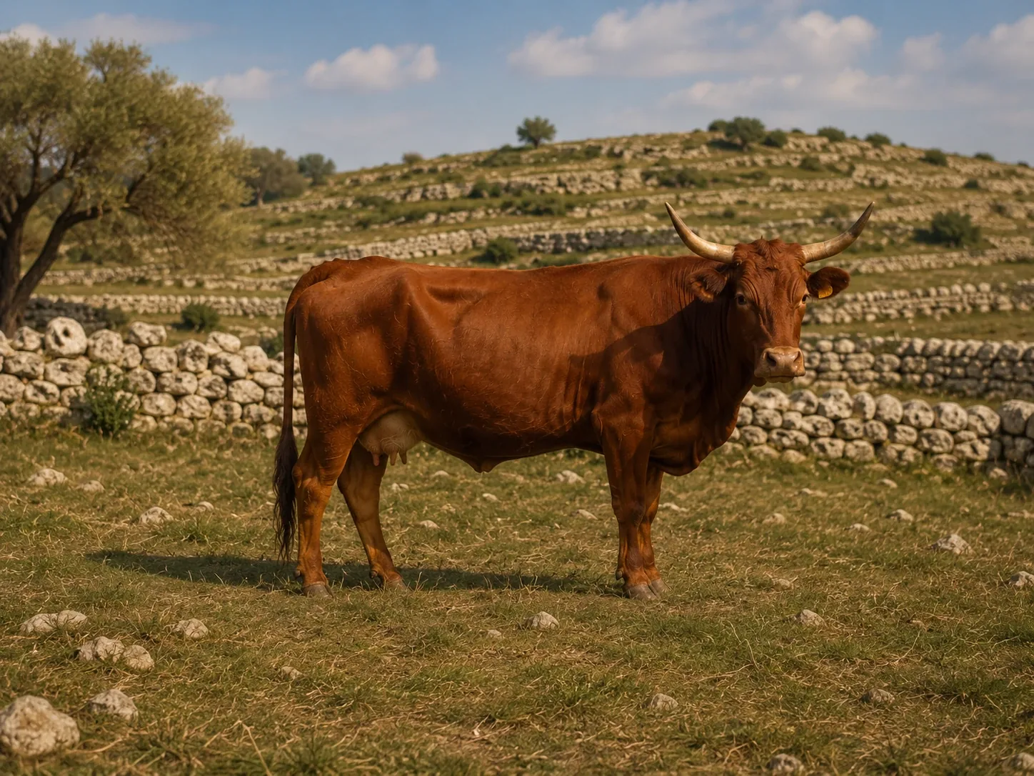 Vacca di razza Modicana dal mantello rosso al pascolo sull'altopiano ibleo
