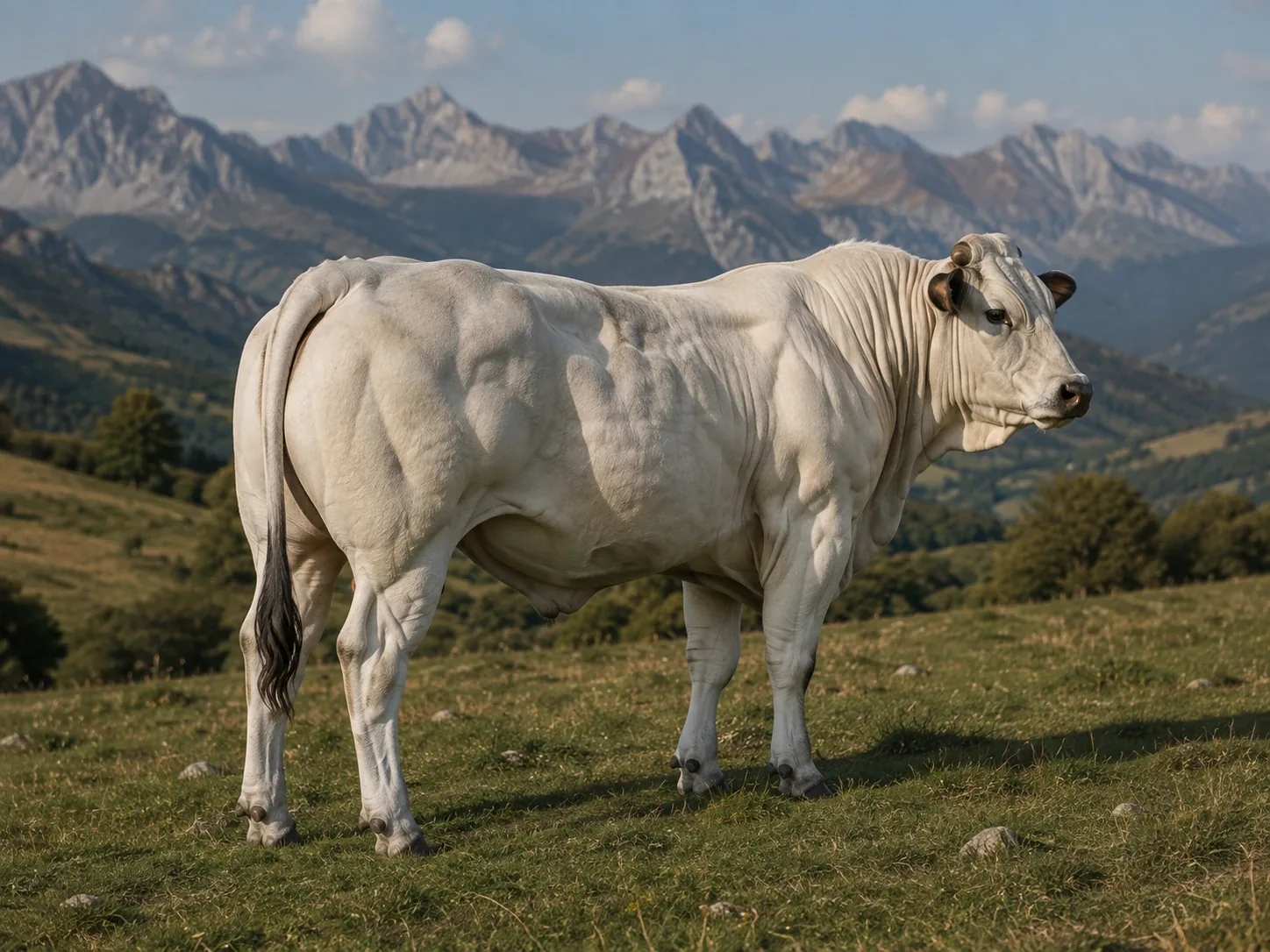 Bovina di razza Piemontese dal mantello bianco con muscolatura della coscia pronunciata al pascolo nel Cuneese
