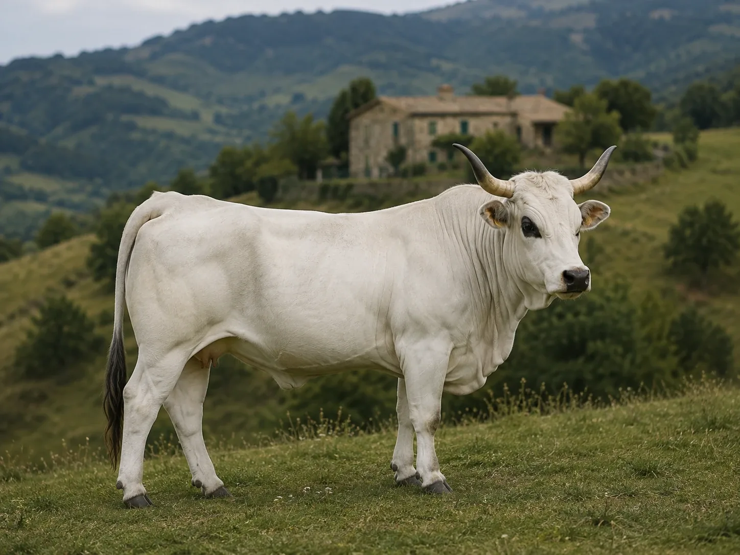 Bovino di razza Romagnola dal mantello bianco al pascolo sull'Appennino romagnolo