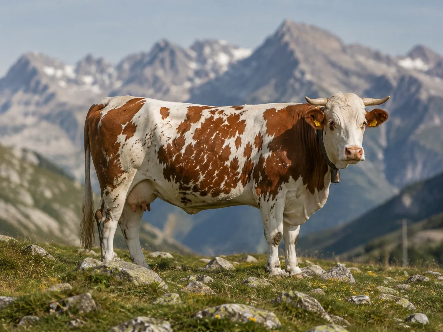 Vacca valdostana pezzata rossa al pascolo su alpeggio della Valle d'Aosta