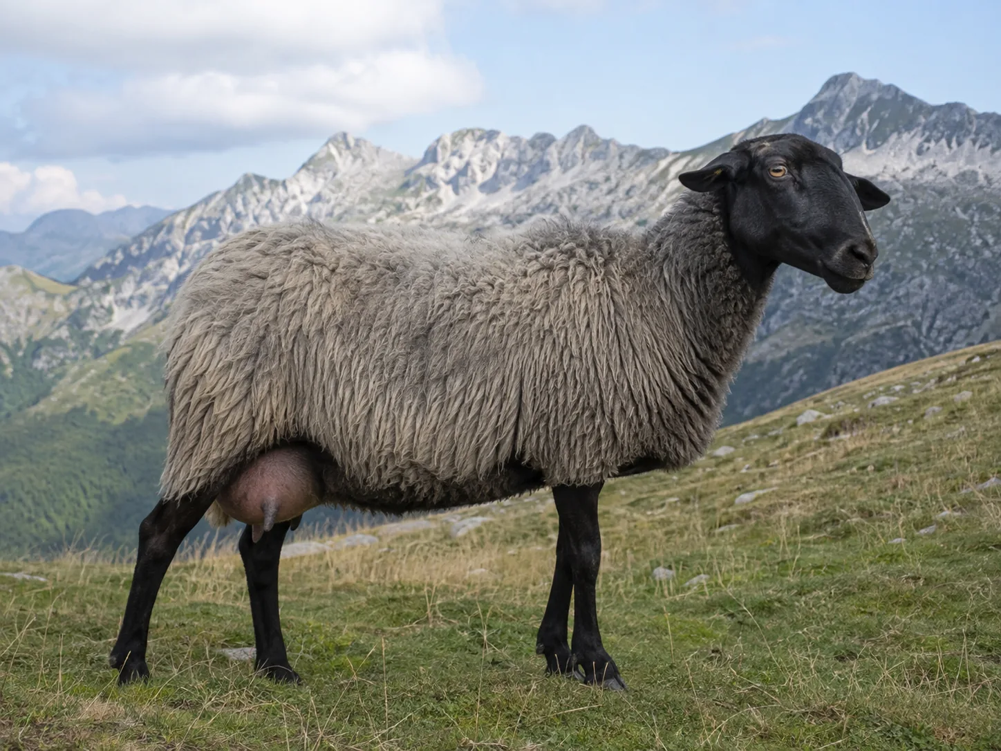 Pecora di razza Massese dal vello grigio ardesia al pascolo sull'Appennino apuano