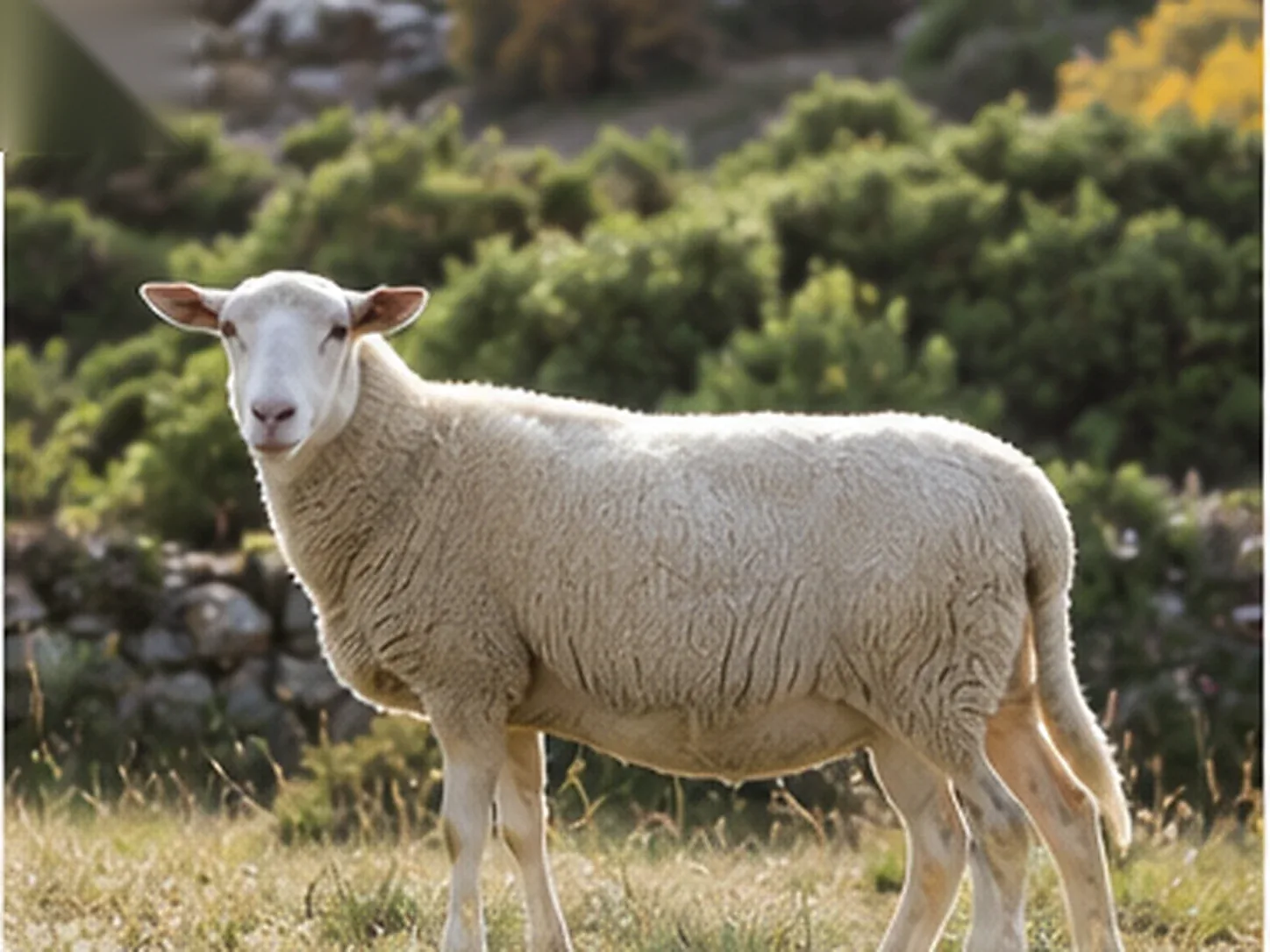 Pecora di razza Sarda con vello bianco al pascolo su un terreno di macchia mediterranea in Sardegna