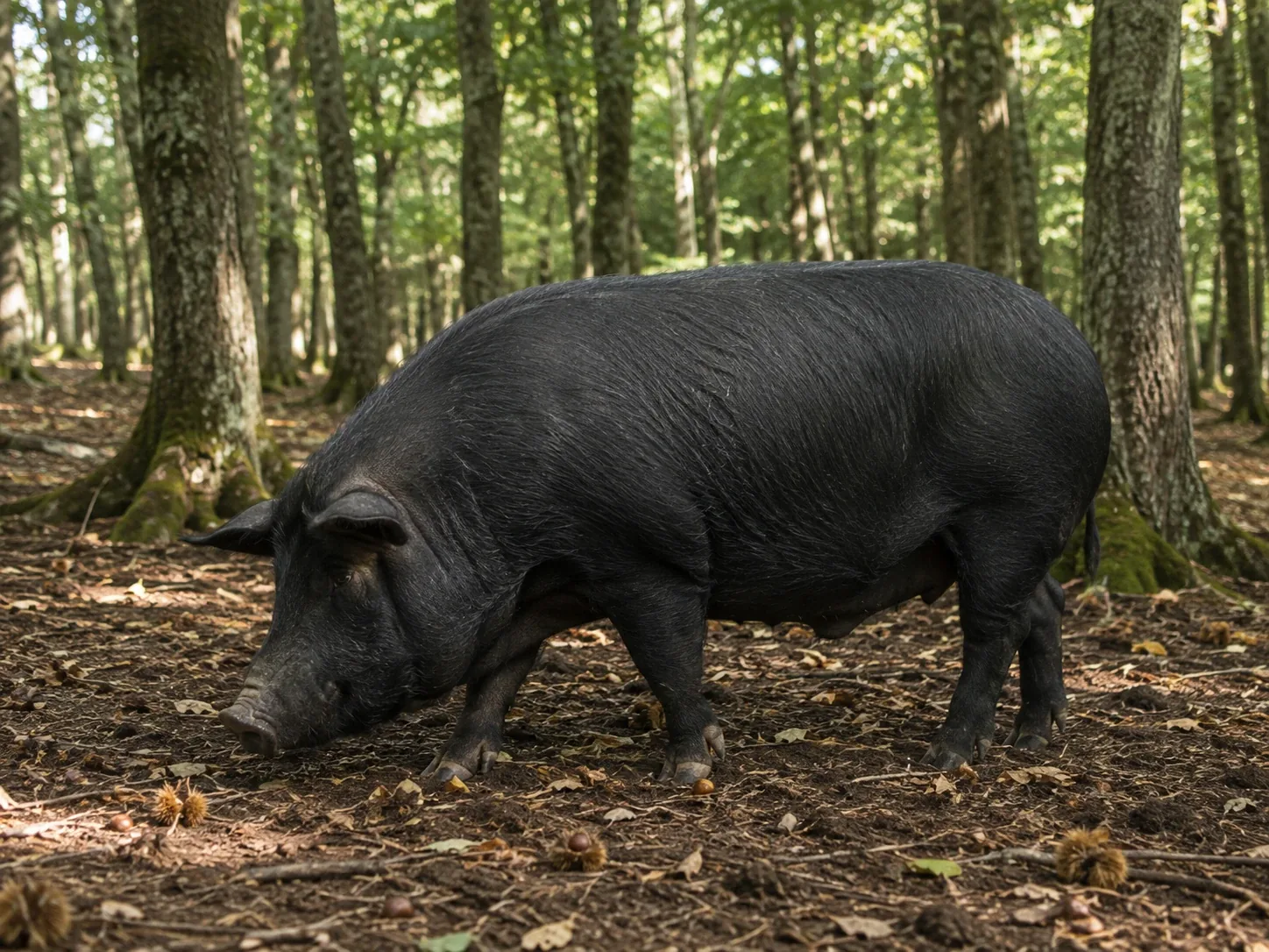 Suino nero di razza Apulo-Calabrese in allevamento semibrado nei boschi della Sila