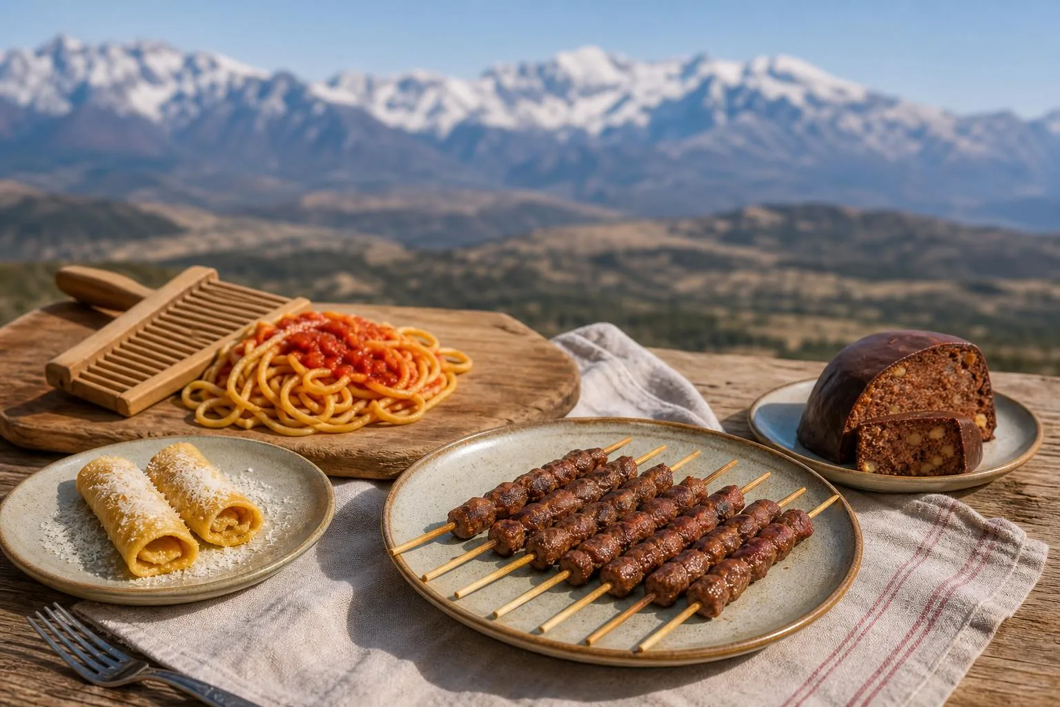 Tavola abruzzese con arrosticini alla brace, maccheroni alla chitarra, scrippelle e parrozzo, con il Gran Sasso sullo sfondo