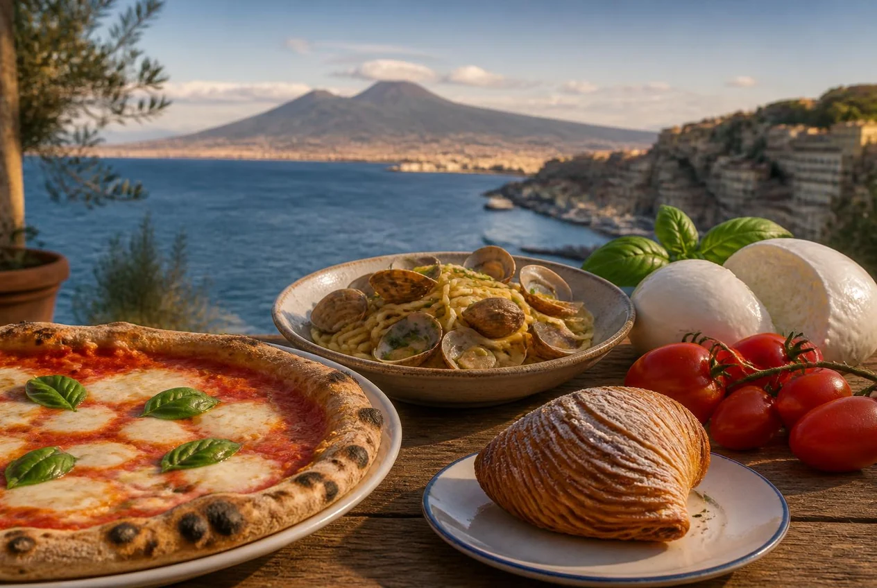 Piatti tipici campani con pizza napoletana e sfogliatella e il Golfo di Napoli con il Vesuvio sullo sfondo