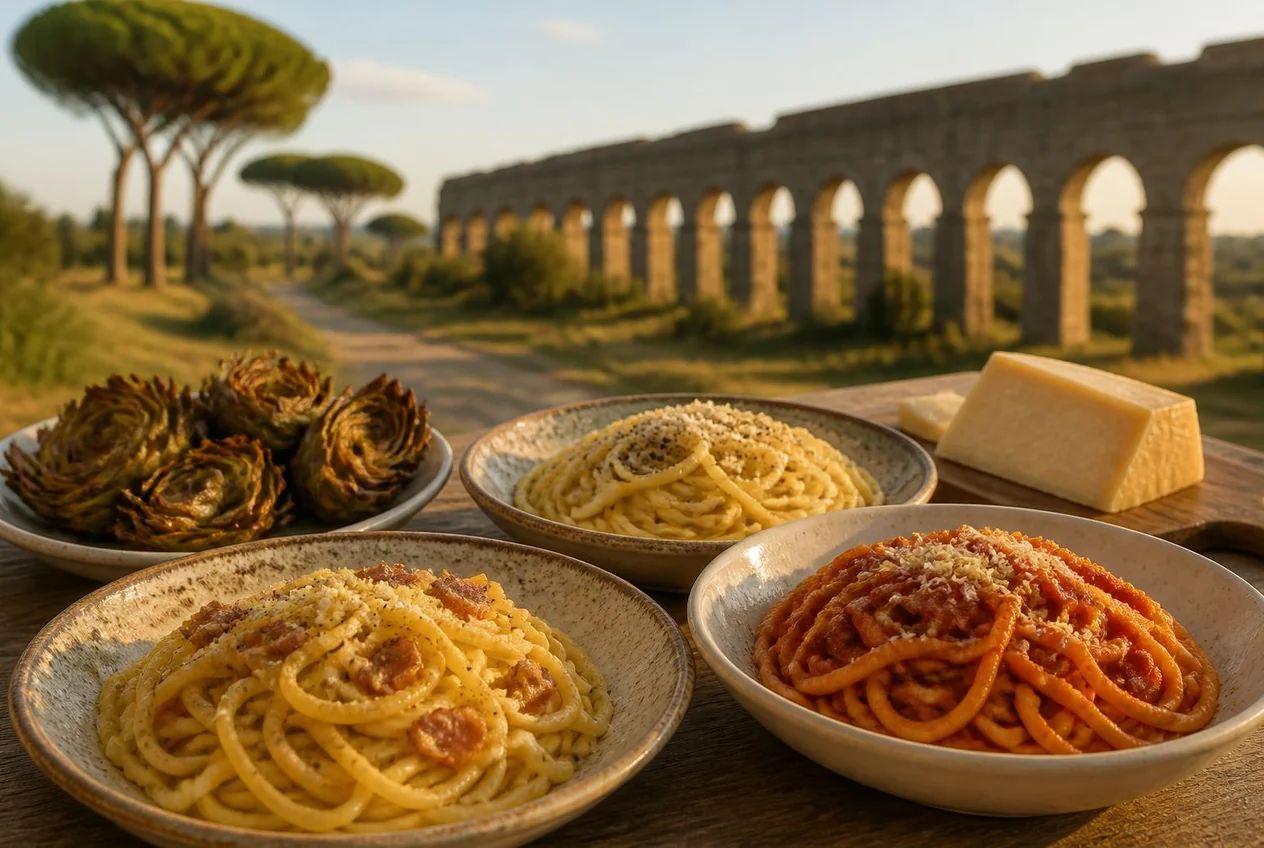 Piatti tipici laziali con carbonara, amatriciana e carciofi e l'acquedotto romano nella campagna sullo sfondo