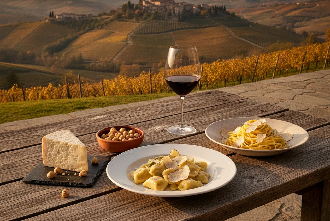 Piatti tipici del Piemonte con agnolotti del plin, tartufo bianco d'Alba, Castelmagno, nocciole e un calice di Barolo sullo sfondo delle colline delle Langhe