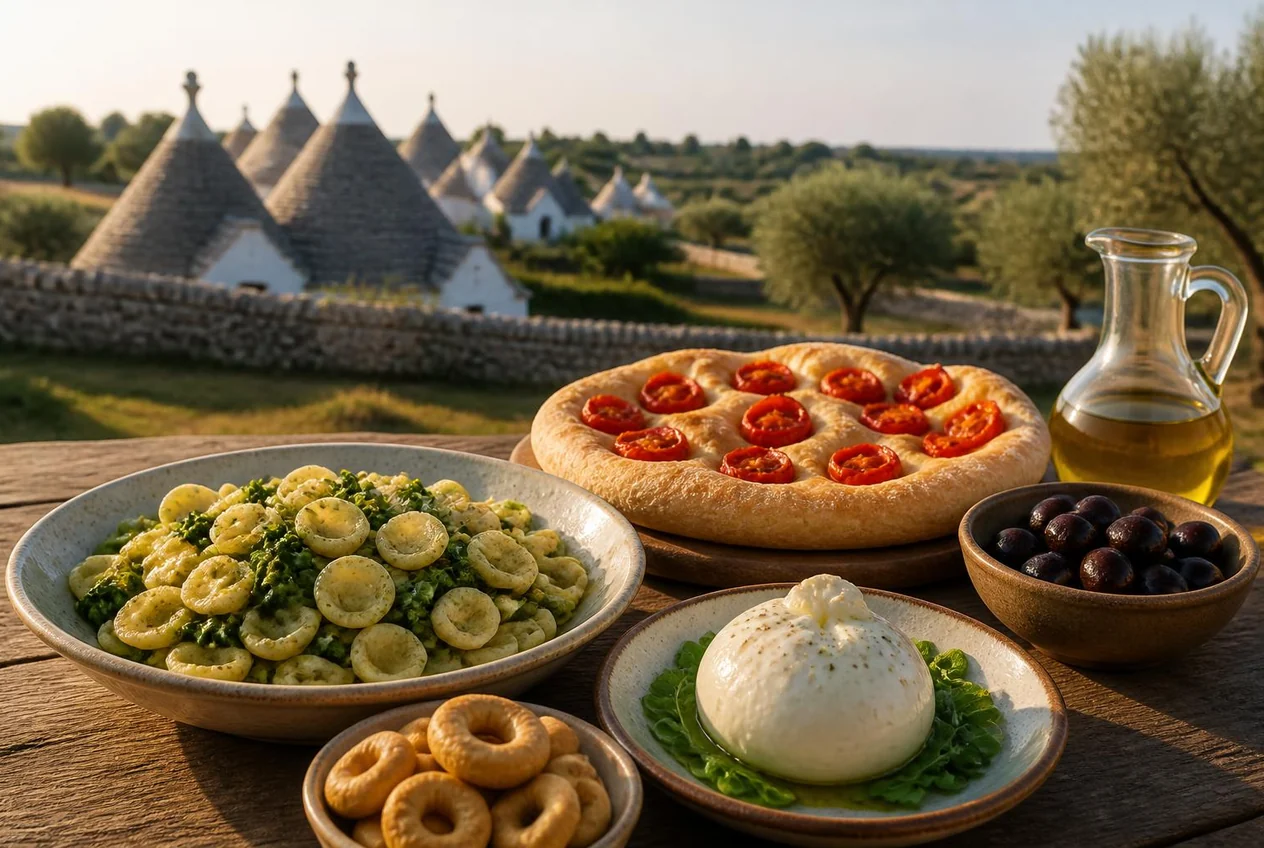 Piatti tipici pugliesi con orecchiette, burrata e focaccia barese e i trulli della Valle d'Itria sullo sfondo