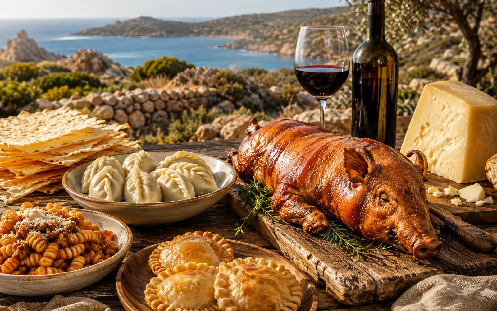 Specialità tipiche della Sardegna con porceddu, culurgiones, pane carasau, pecorino e vino rosso