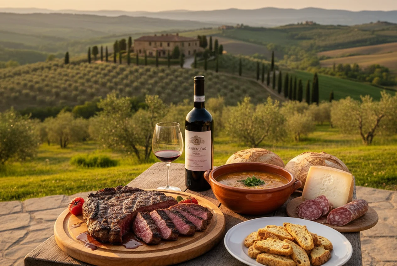 Piatti tipici della Toscana con bistecca alla fiorentina, pane toscano, Pecorino Toscano e un calice di Chianti sullo sfondo delle colline del Chianti