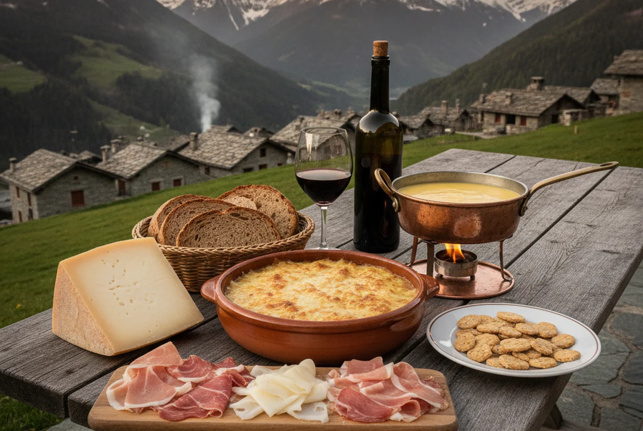 Piatti tipici della Valle d'Aosta con fonduta di Fontina, pane nero di segale e un calice di vino rosso sullo sfondo delle montagne alpine